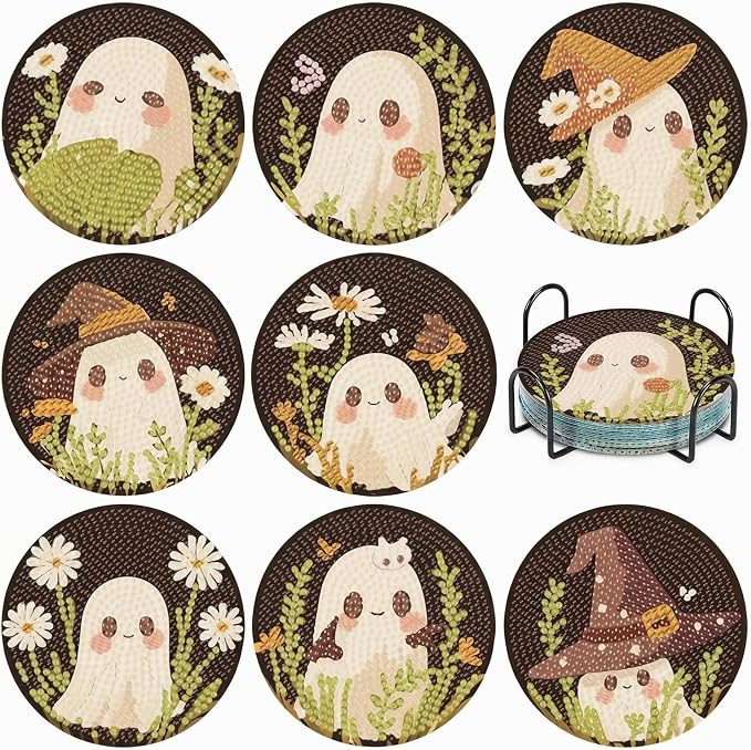 Diamond Art Painting Coaster Kit with Holder - 8 Pack DIY Cute Ghost Diamond Painting Kits for Adults, Halloween Gem Art Coasters, Spooky Crafts for Women Beginners, Aesthetic Home Coffee Bar Decor - skull coaster