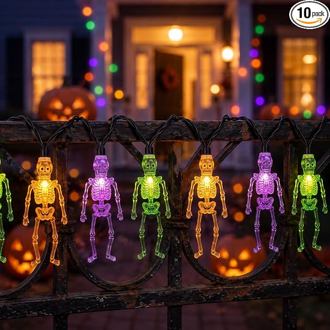 Abeja Halloween Skull String Lights Outdoor,Multicolor LED Skeleton Lights - skeleton