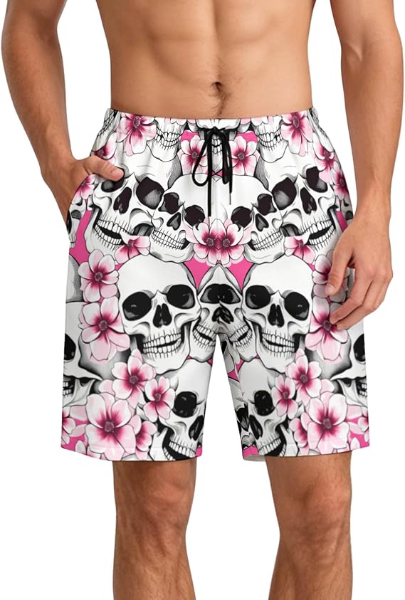 Mens Swim Trunks Stretch Bathing Suit Mens Board Shorts Mesh Lining Swim Shorts Swimwear for Beach Travel - skull swimsuit
