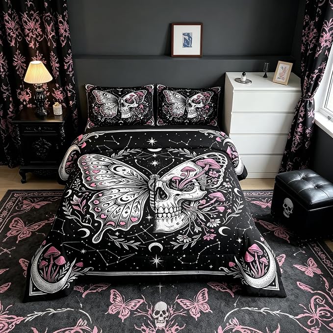 Butterfly Skull Comforter Set Queen Size,Pink Wild Mushroom Skeleton Duvet Insert Adults Bedroom Decor,Starry Galaxy Moon Bedding Set,Vintage Gothic Style Ultra Soft Microfiber Inner Fill 3Pcs Bedding - skull bedding