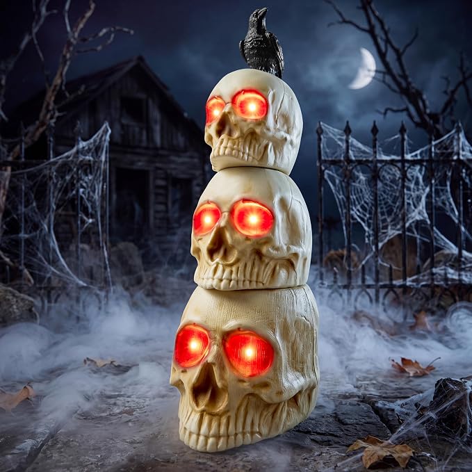 JOYIN Halloween Stackable Skeleton Decor Outdoor, 3 Skulls and 1 Crow with Glow Effect, Spooky Stackable Tabletop Halloween Decorations for Indoor Party Desk Haunted House Lawn Yard Porch - skull figurine