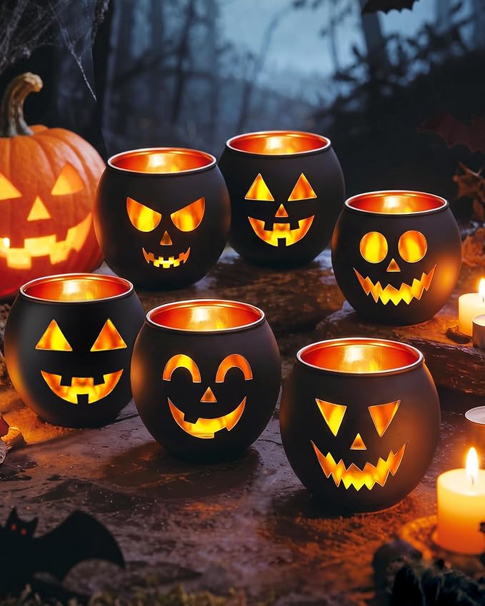 Halloween Table Candle Holders 6 Pack Glass Candle Holders - skull candle