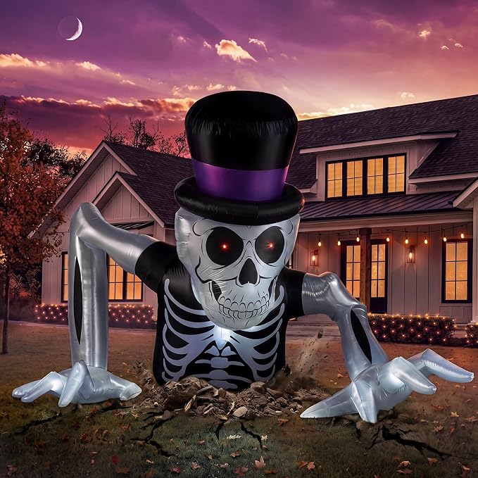 Hollowfly 6 ft Halloween Inflatable Outdoor Blow up Groundbreaker Skeleton - skull inflatable