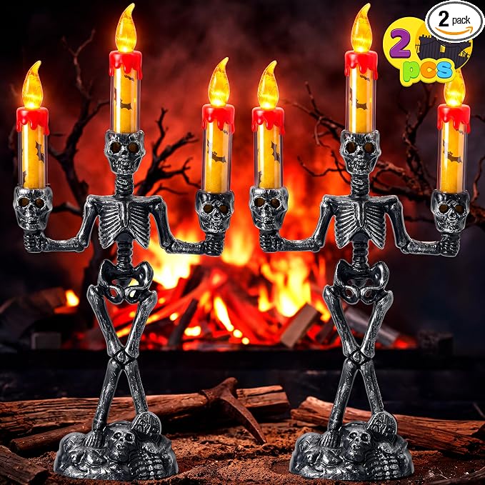 JOYIN 2 Pcs Halloween Skeleton Candelabra Decorations, Light Up Haunted Candelabra Decor with LED Flameless Candles, Skull Candles Holder Flickering Glow Tabletop Decor for Indoor Haunted House - skull candle