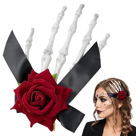 Spooktacular Creations Skeleton Hand Hair Clip for Halloween Costumes Accessories, Goth Bone Hair Claw Clips for Women, Skull Hand Hairpins with Red Roses for Halloween Dress up Cosplay Party - skull headband