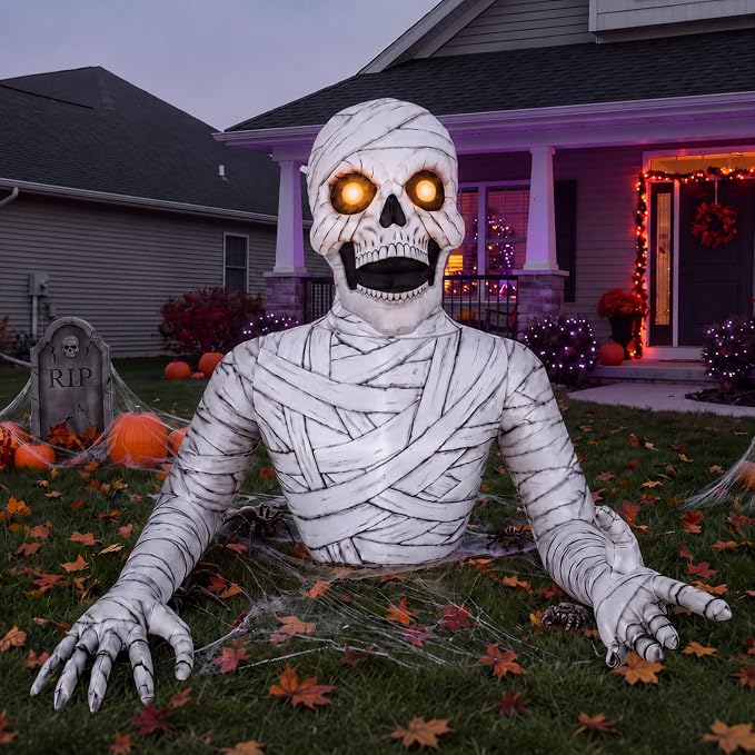Hollowfly 6 ft Halloween Inflatable Outdoor Blow up Groundbreaking Mummy - skull inflatable
