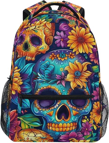 ALAZA Colorful Sugar Skull Floral Seamless School Backpacks Business Travel Hiking Camping Rucksack Pack for Men Women Teens Kids - sugar skull handbags for sale