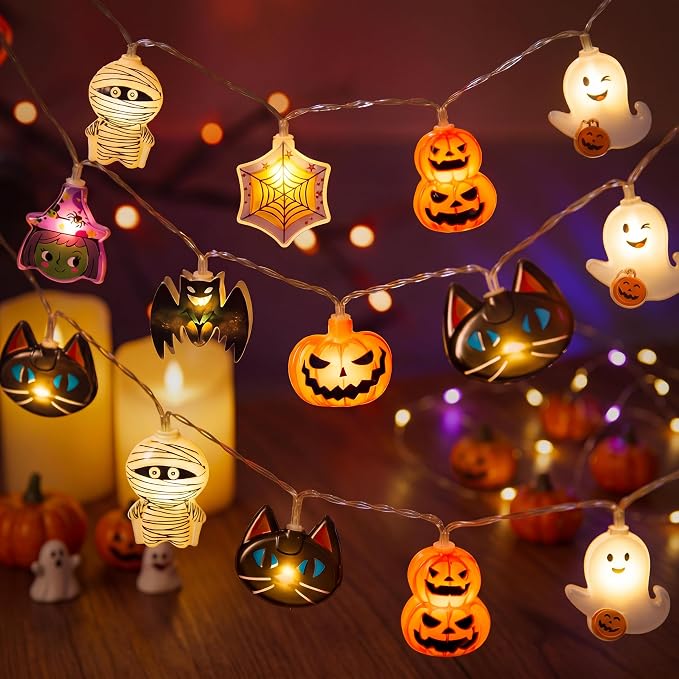 JOYIN 19.7FT 30 LED Halloween String Lights with Ghost & Pumpkin 3D Designs, Battery Operated Timer & 8 Lighting Modes, Spooky Indoor Outdoor Halloween Decorations for Party Yard Porch Patio - string light