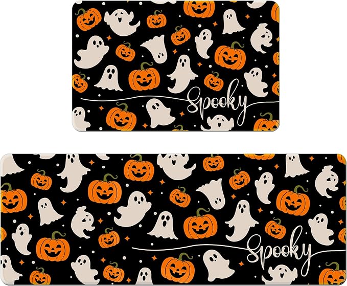 Halloween Kitchen Rug Set 16x24+16x41 Inches, Non Slip Rubber Backing Mat with Ghost Pumpkin Spooky, Absorb Water Quick Dry Kitchen Decor for Sink, Laundry Room, Hallways Carpet Washable - skull carpet