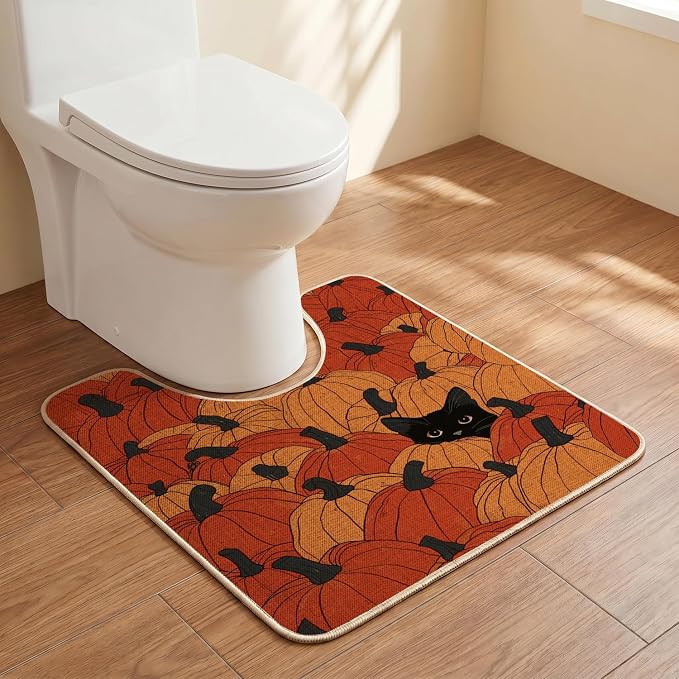 Artoid Mode Black Cat Pumpkin Fall U Shaped Toilet Rug 20x24 Inch - skull toilet mat