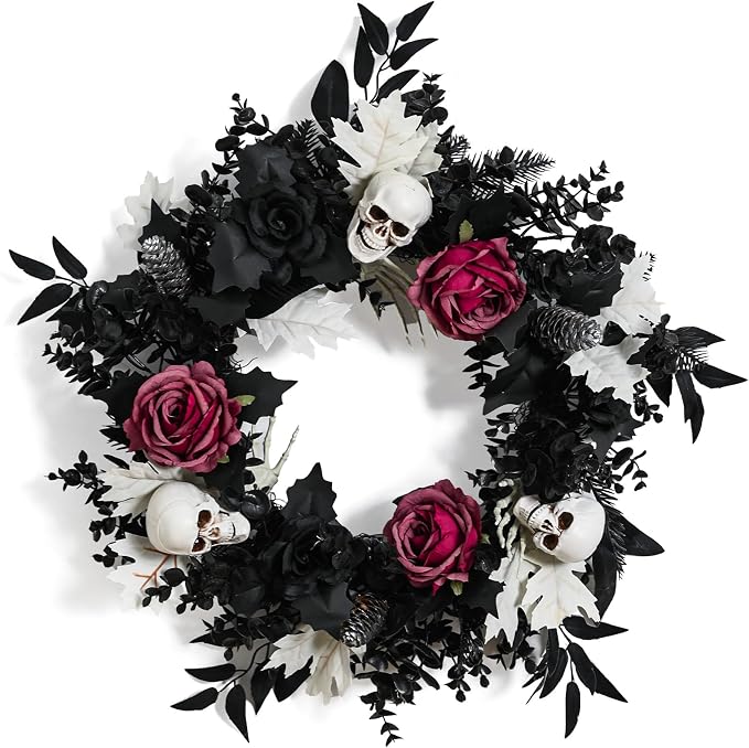 WDS WONDROUS Halloween Skull Wreath for Front Door, Decorations Outdoor - skull wreath