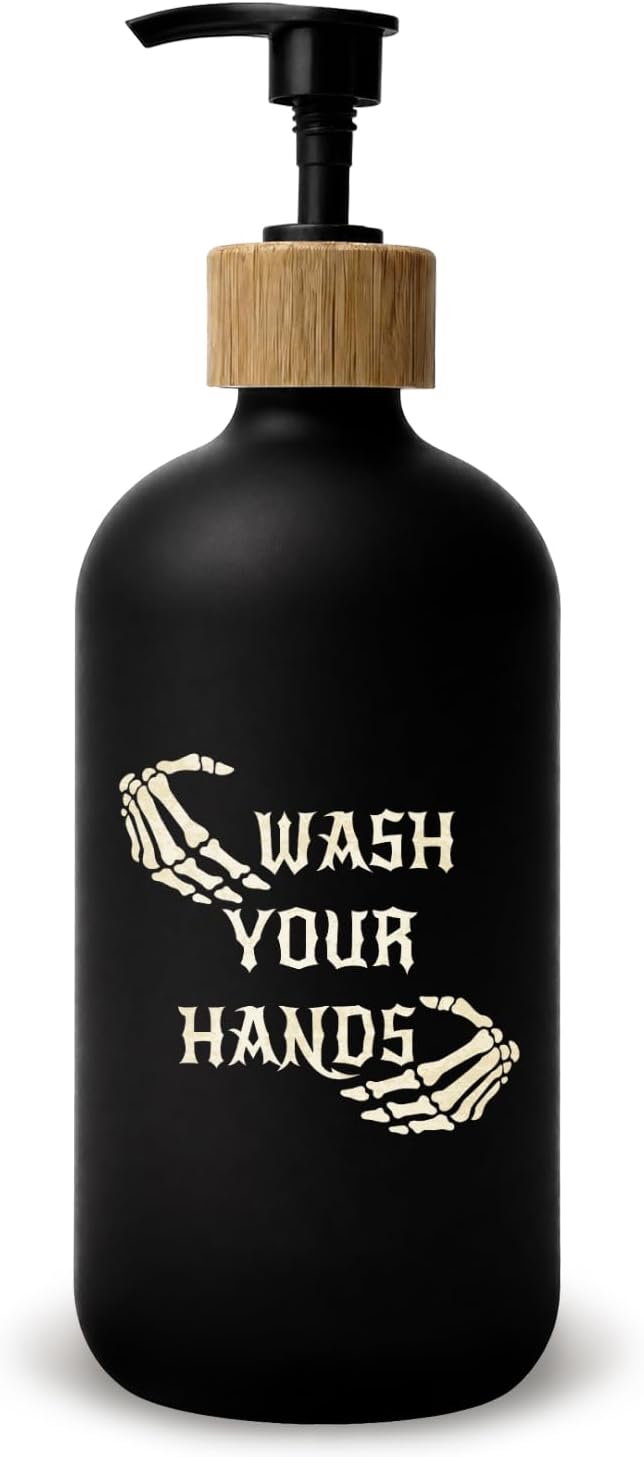 Gothic Skull Bathroom Glass Soap Dispenser, Wash Your Hands Soap Dispenser for Bathroom Washroom Countertop, Funny Goth Skeleton Refillable Handsoap Lotion Bottle with Pump