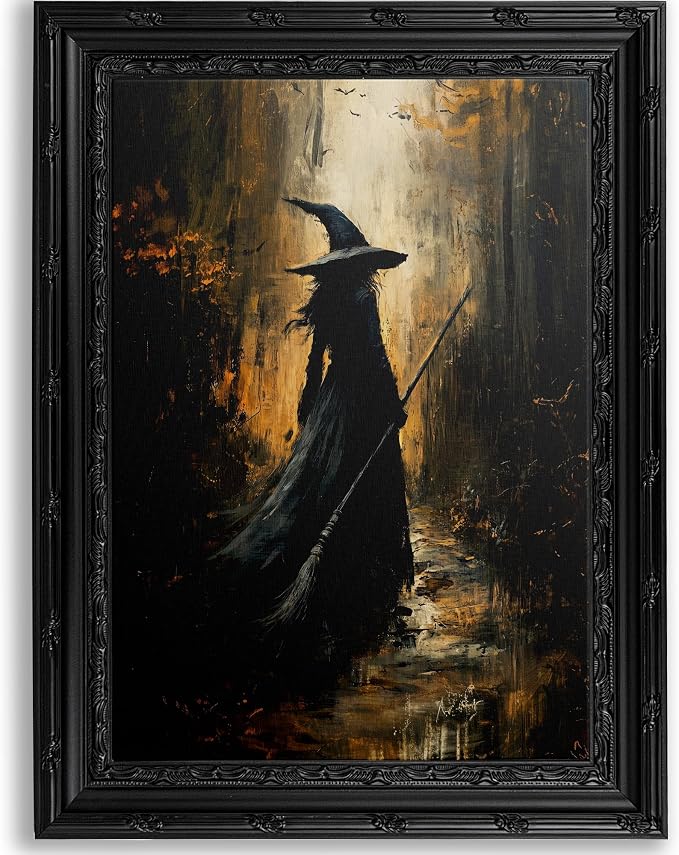 Black Framed Gothic Witch Canvas Wall Art 9x11in - skull wall art
