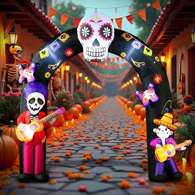 DomKom 8FT Halloween Inflatable Blow Up Decorations Archway, Day of the Dead Inflatable Arch, Dia De Los Muertos Yard Decorations, Sugar Skull Guitar Skeleton, Built‑in LED Lights, Outdoor Lawn Garden