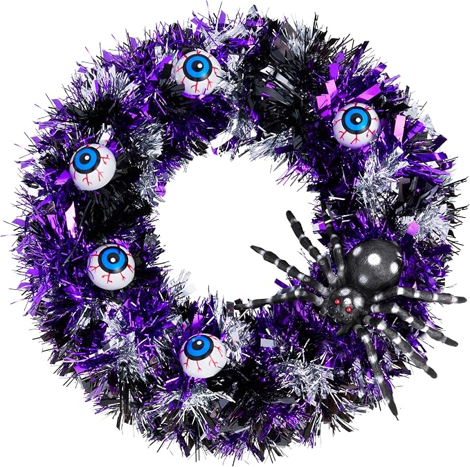 JOYIN 13.5" Halloween Eyeball Wreath Decoration with Spider Tinsel, Spooky Eyeball and Spider Wreath for Front Door Porch Window Yard, Creepy Halloween Tinsel Wreath for Indoor Outdoor Party Decor - skull wreath