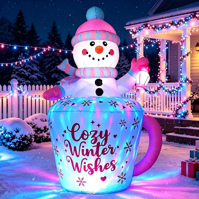 DomKom 6FT Christmas Inflatables Snowman in Mug, Adorable Blue and Pink Snowman in Cozy Winter Wishes Mug Blow up Yard Decoration, Outdoor Built-in LED Lights Party Lawn Holiday Winter Decor Outside - skull inflatable