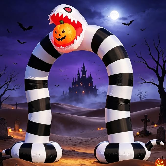 DomKom 10FT Halloween Inflatable Blow Up Decorations, 10FT Long 8FT Tall Sandworm Archway, Built-in LEDs for Holiday Party, Garden, Lawn, Yard, Patio Décor - skull inflatable