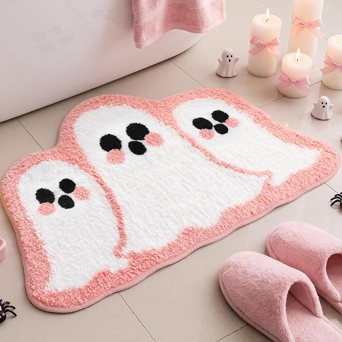 Drydiet Pink Ghost Bath Mat 16" x 24" Cute Halloween Rug, Irregular - skull toilet mat