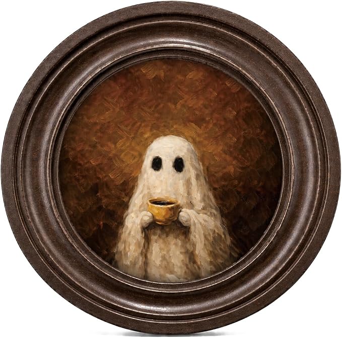 MOCHPEN Cute Ghost Round Wall Art Decor, Vintage Ghost Painting Artwork, Unique Halloween Wall Decoration for Bedroom Living Room Gallery, 5.7x5.7 Inch - skull painting