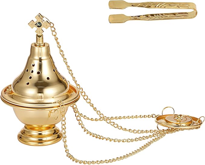 JUXYES Vintage Hanging Charcoal Incense Resin Burner with Chain and Tongs - skull incense burner