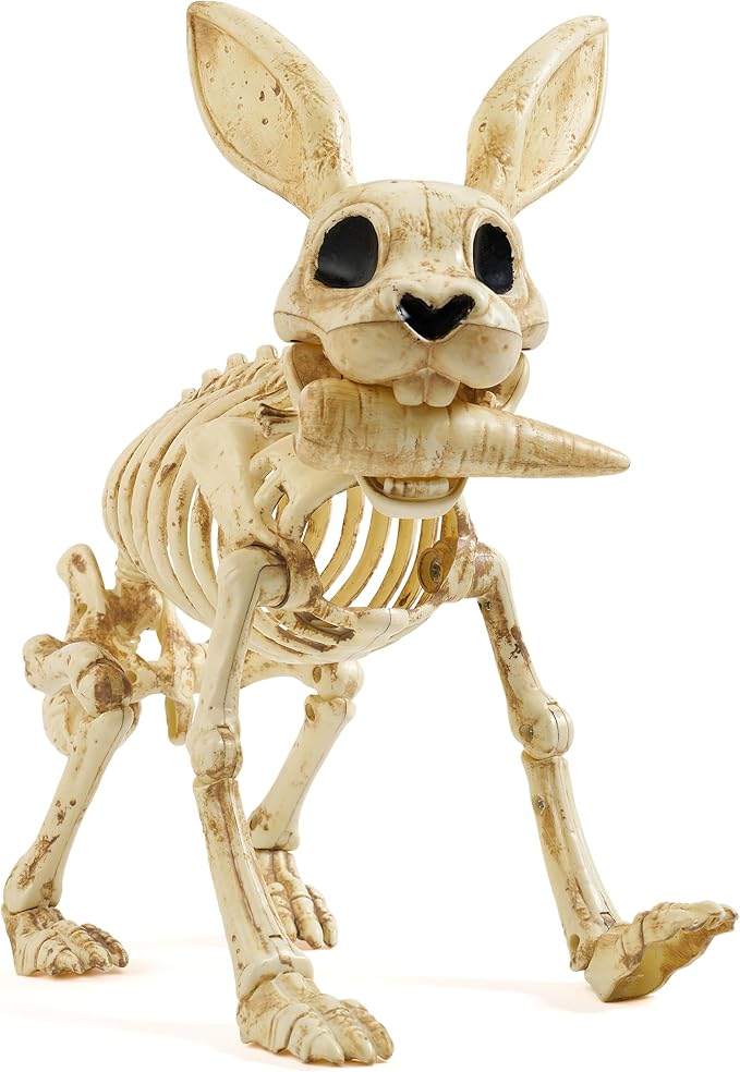 JOYIN 13-Inch Poseable Bunny Skeleton with Carrot, Halloween Plastic Rabbit Skeleton Decor with Movable Joints, Spooky Animal Prop for Tabletop, Garden and Haunted House Party - skeleton