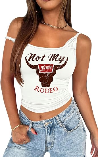 Western Tank Tops for Women One Shoulder Twist Strap Cowgirl Shirt - skull tank tops