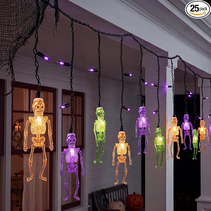 7FT 10 LED Halloween Skull Curtain String Lights, 15 Purple Bulbs, Plug in