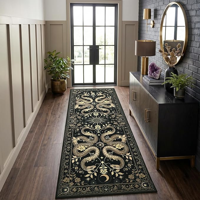 2x6 Washable Snake Runner Rug for Hallway, Gothic Carpet Black - skull carpet
