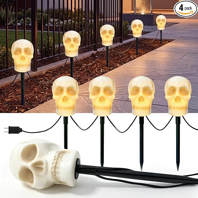 7FT Halloween Skull Pathway Lights Outdoor - 4 Pack Plug in C7 Skeleton Stake Lights, End-to-End Connectable Waterproof Walkway Lawn Lights for Outdoor Halloween Decor - string light
