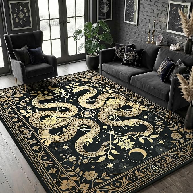 6x9 Washable Snake Rug for Living Room, Gothic Large Carpet Black - skull carpet