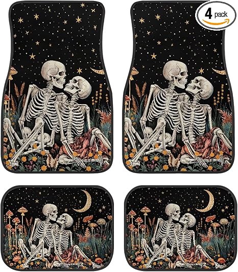 Skull Skeleton Car Floor Mats for Front and Rear 4 Pcs Car Interior Accessories Set with Funny Skeleton Print Auto Floor Pad All Weather Protector Heavy Duty Automotive Floor Mats Universal - skull floor mat