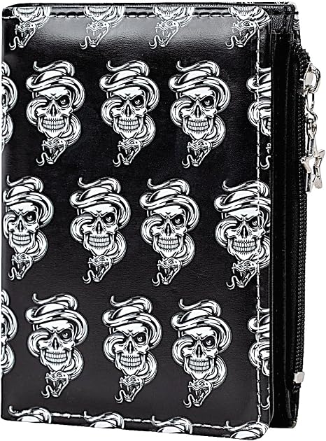 Skull Punk Leather Wallet For Men Cut Cool Goth Wallet For Boy With ID Window Christmas Birthday Gifts (White Snake Skull) - skull wallet