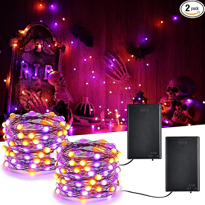 iBaycon 2 Pack 50 LED Battery Operated Halloween Lights Outdoor Waterproof - string light