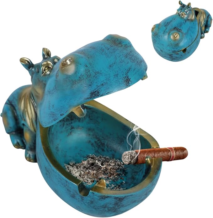 Cigar Ashtray with Lid, Hippo Ashtray for Cigars and Cigarettes, Dark Blue - skull ashtray