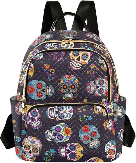 Sugar Skull Mini Backpack for Women,Quilted Fashion Backpack Purse for Travel Work,Cute Backpack Daypack With Anti-theft Pocket - skull backpack
