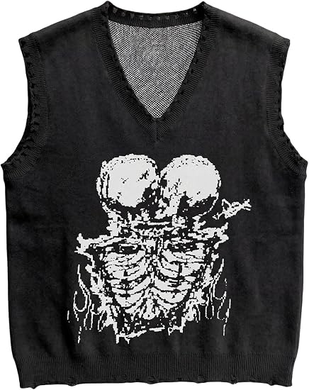 Men's Graphic Sweater Vest Y2k Ripped Rave Streetwear Knit Tank Top - skull tank tops