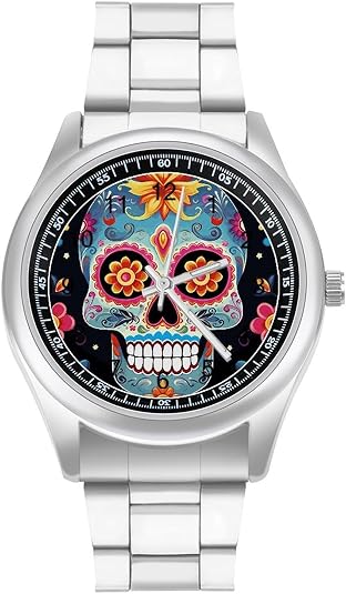 Sugar Skulls Watch Minimalist Alloy Steel Chronometer for Men Women, Sleek Analog Stainless Steel Wristwatch for Business Professionals Daily Gift Stainless Steel Watches