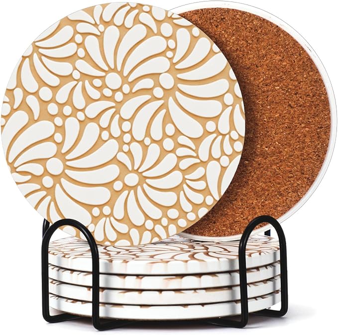 6 Pcs Mexican Boho Talavera Ceramic Coasters Set of 6 with Holder - skull coaster
