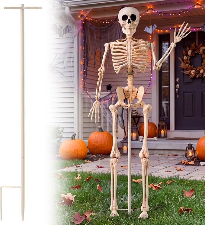 JOYIN 36" Halloween Skeleton Decor with Stand, 3FT Full Body Stayable Movable Joints, Standing Posable Skeleton for Halloween Decoration, Yard, Graveyard, Haunted House Prop, Spooky Scene Party Favor - skeleton