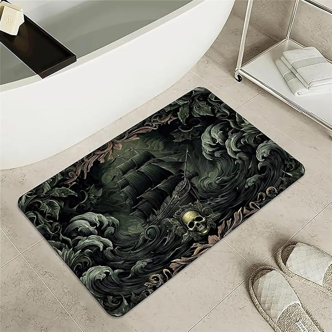 Bath Mat Rug,Dark Pirate ship,ornate skull Non Slip Quick Dry Super Absorbent Thin Bathroom Rugs Fit Under Door-Easy to clean Bathroom Floor Mats-Shower Rug for Shower Sink Bathtub(16" x 24"In) - skull toilet mat