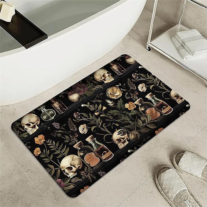 Bath Mat Rug,Poison and Skull Non Slip Quick Dry Super Absorbent Thin Bathroom Rugs Fit Under Door-Easy to Clean Bathroom Floor Mats-Shower Rug for Shower Sink Bathtub(16" x 24"in) - skull carpet