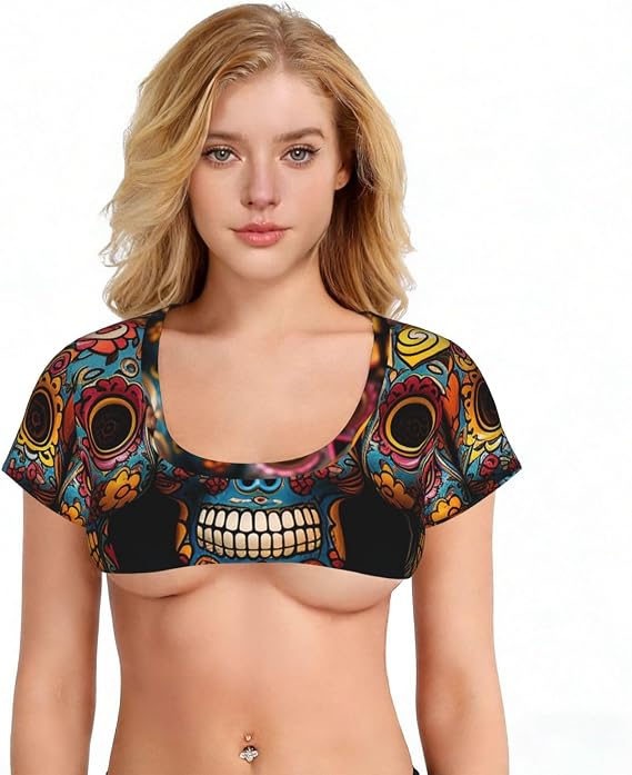 Colorful Sugar Skulls Sexy Crop Top for Women Short Sleeve Tank Top Mini T-Shirts Vest Tank Summer Tees - skull tshirt