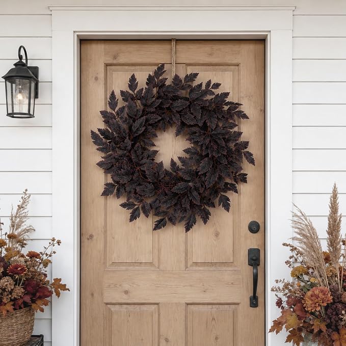 Fall Wreath for Front Door, 20 Inch Plum Cimicifuga Halloween Wreath - skull wreath