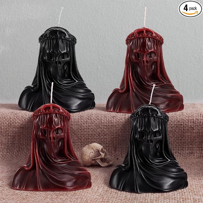 Nuanchu 4Pcs Halloween Veiled Skull Candles Gothic Red Black Spooky Candles - skull candle