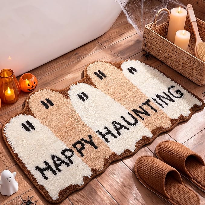 Qinyoung Halloween Bath Mat Brown Ghost Happy Haunting Soft Absorbent