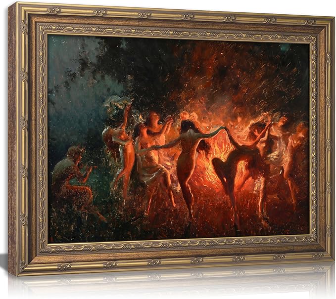Vintage Gold Framed Gothic Wall Art, Fire Dance Oil Painting Canvas Prints, Witchy Nymph Picture Wall Decor, Dark Academia Mystical Fantasy Demonic Poster for Bedroom Living Room, Halloween Gifts