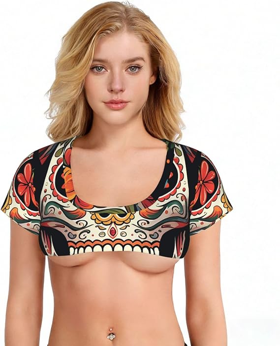 Colorful Sugar Skull Sexy Crop Top for Women Short Sleeve Tank Top Mini T-Shirts Vest Tank Summer Tees - skull tank tops