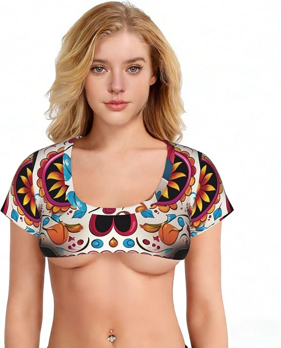 Colorful Sugar Skull Sexy Crop Top for Women Short Sleeve Tank Top Mini T-Shirts Vest Tank Summer Tees - skull tank tops