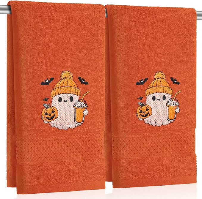 Tudomro 2 Pcs Orange Halloween Hand Towels Embroidered Ghost Bathroom Decor - skull toilet paper