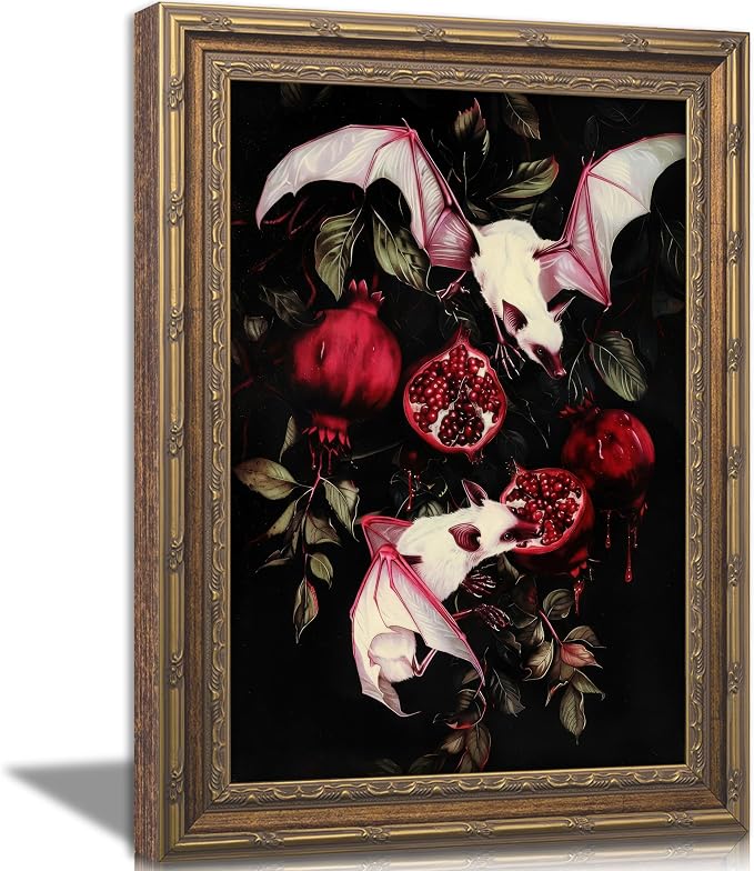 Vintage Gold Framed Gothic Wall Art, Albino Fruit Bats Oil Painting Canvas Prints, Spooky Bat and Pomegranate Halloween Wall Decor, Dark Academia Moody Animal Picture Poster for Bedroom Living Room - skull painting
